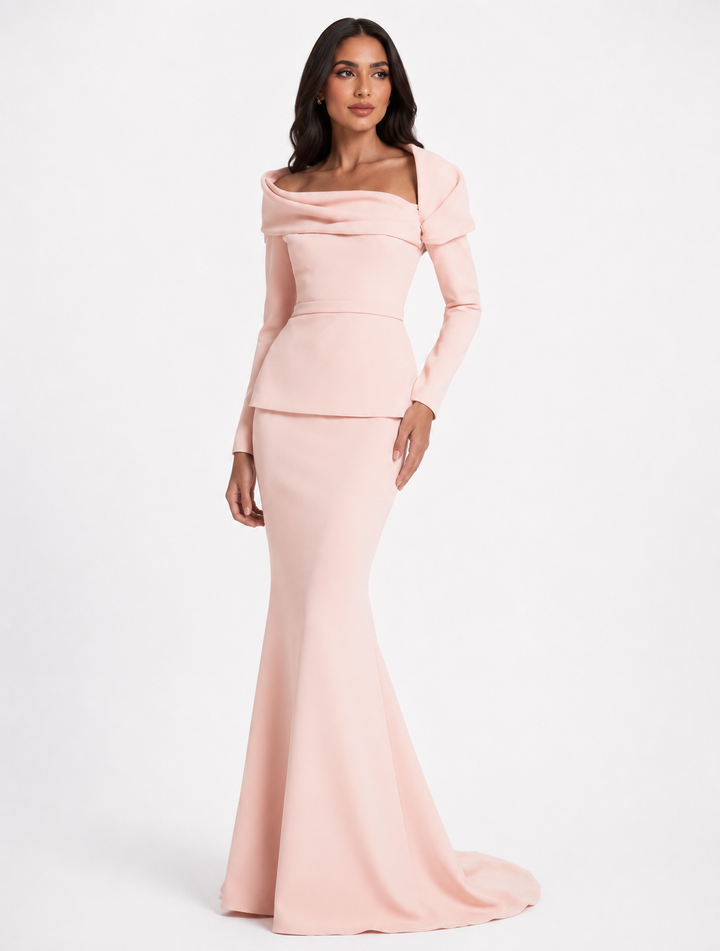 off-shoulder draped gown with peplum waist – SERENL
