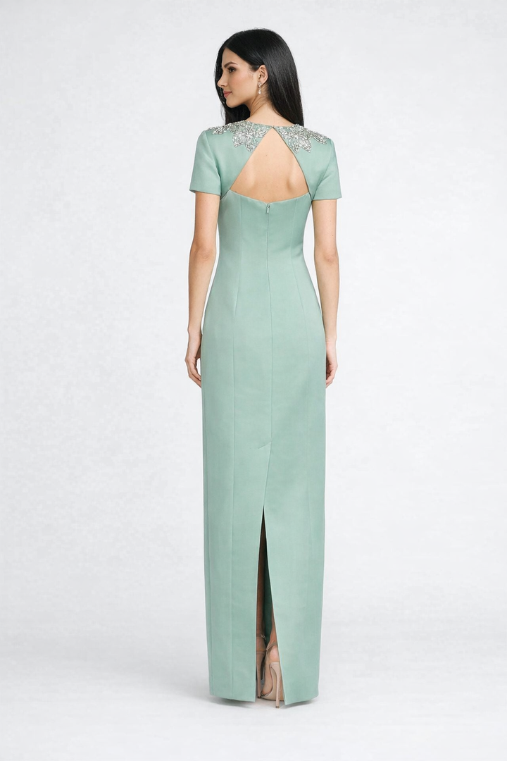 short sleeve column dress with embellished neckline – SAGE