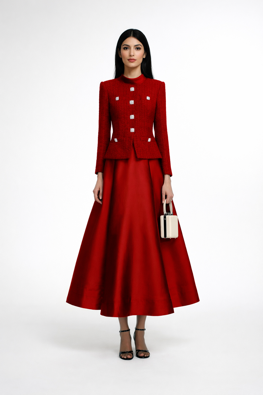 structured blazer-style maxi dress with flared satin skirt – ELEGANCE