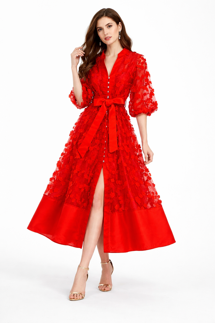 floral lace midi dress with satin hem and waist bow – BODY