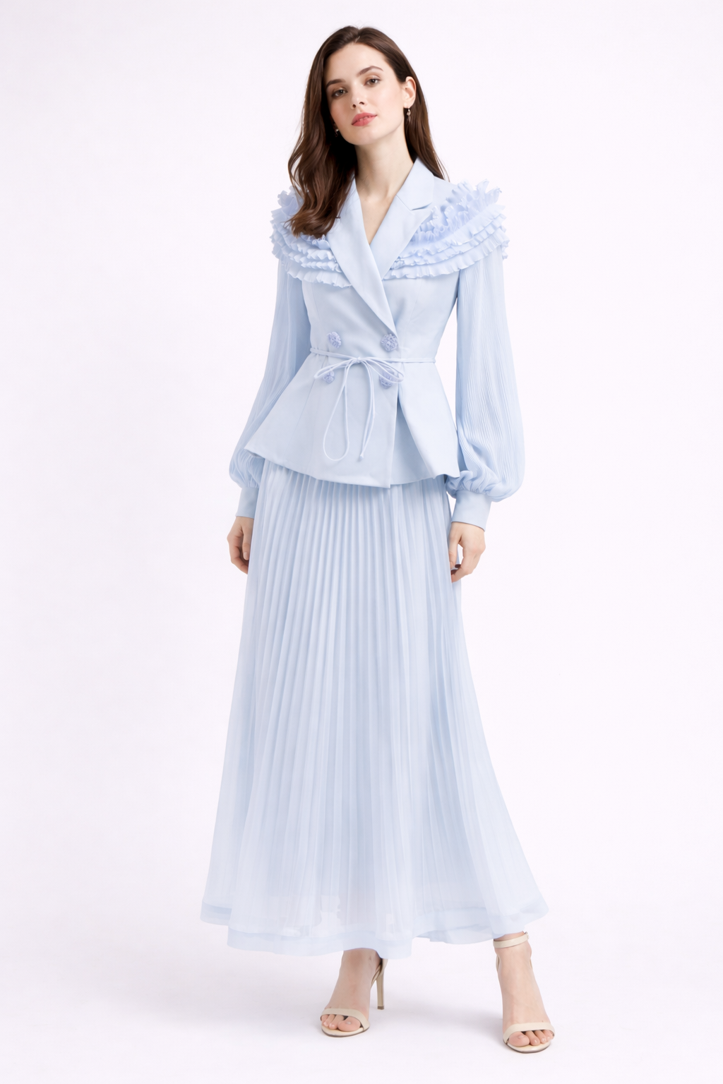 pleated maxi skirt set with ruffle collar blazer - AZURE