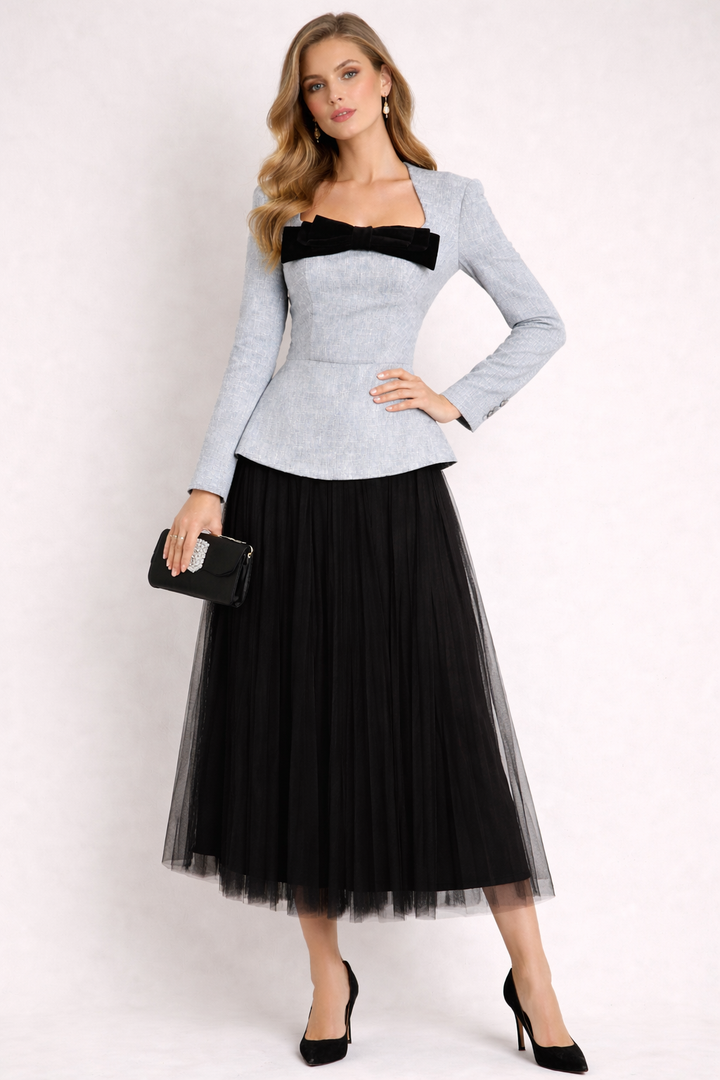 long sleeve peplum top with velvet bow and tulle skirt set – VELORA