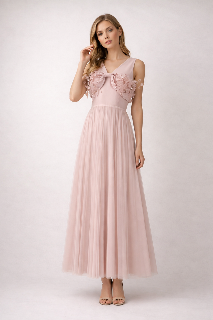sleeveless tulle maxi dress with embellished bow bodice – BLUSH