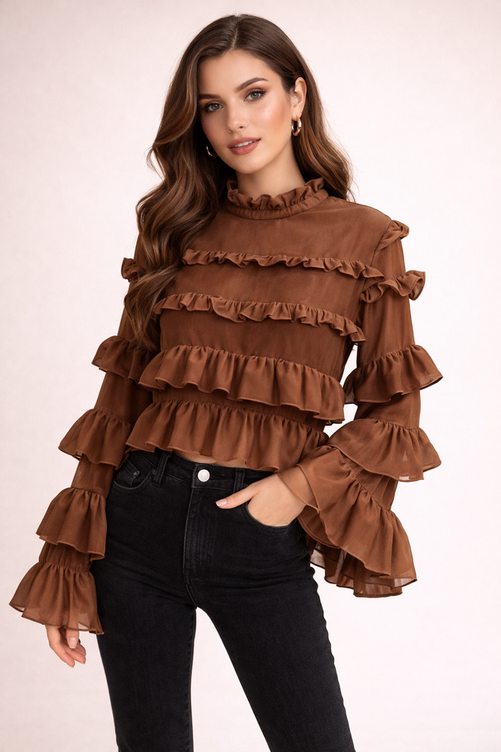 sheer ruffle blouse with layered sleeves – NUDE
