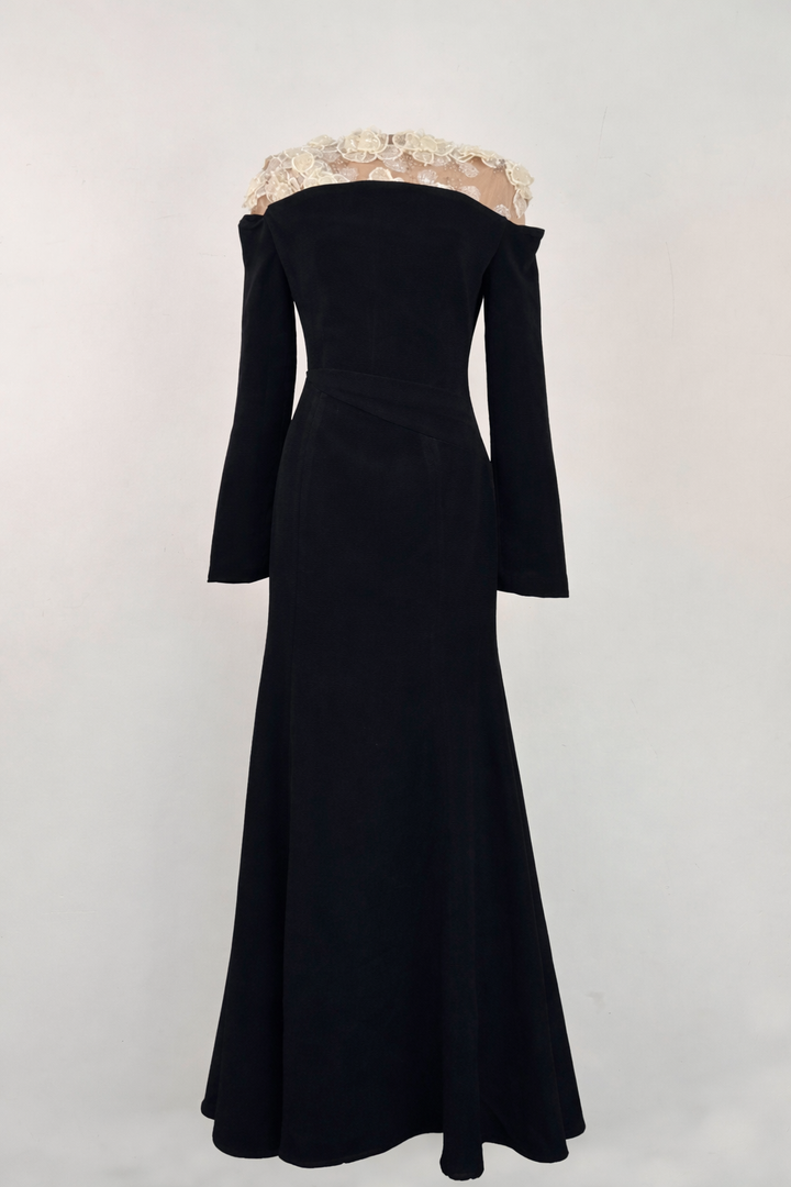 long sleeve satin dress with lace illusion neckline – GRACE