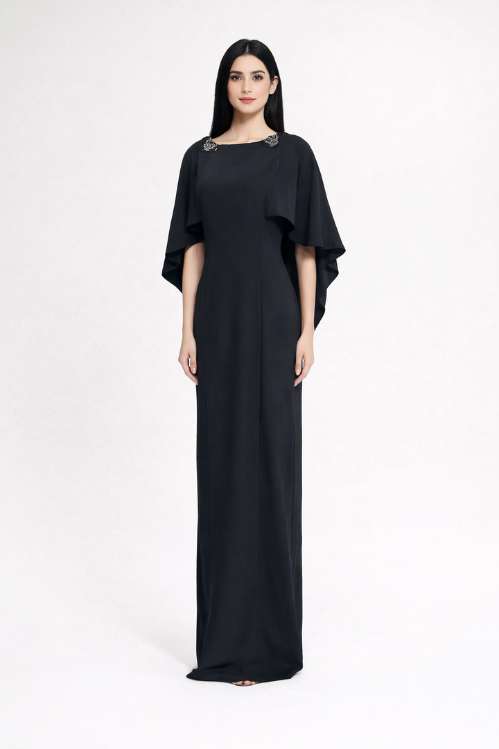 cape sleeve maxi dress with embellished shoulders – NOIRE