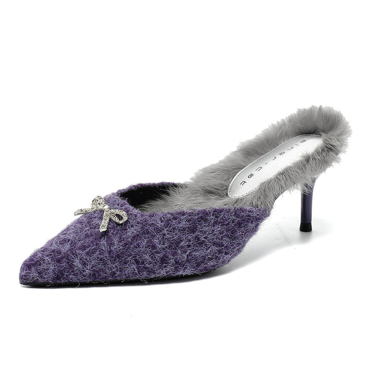 pointed toe textured mule with fur trim and crystal bow – VIOLET