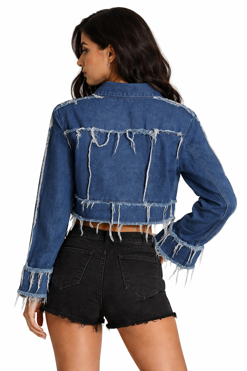 cropped distressed denim jacket with raw fringe – ROGUE