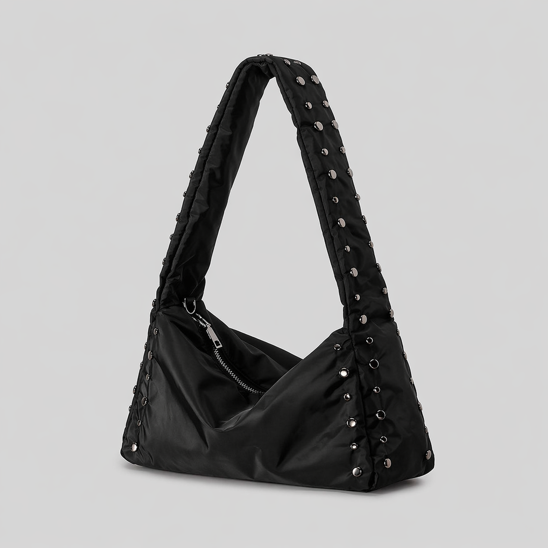 Beige Studded Shoulder Bag with Zipper Closure-SCULPT