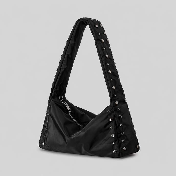 Beige Studded Shoulder Bag with Zipper Closure-SCULPT