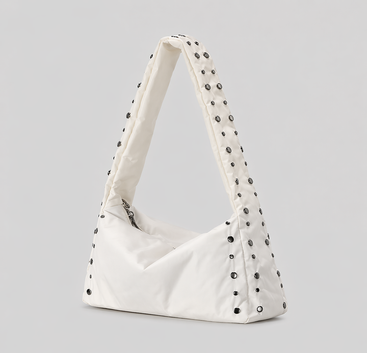 Beige Studded Shoulder Bag with Zipper Closure-SCULPT