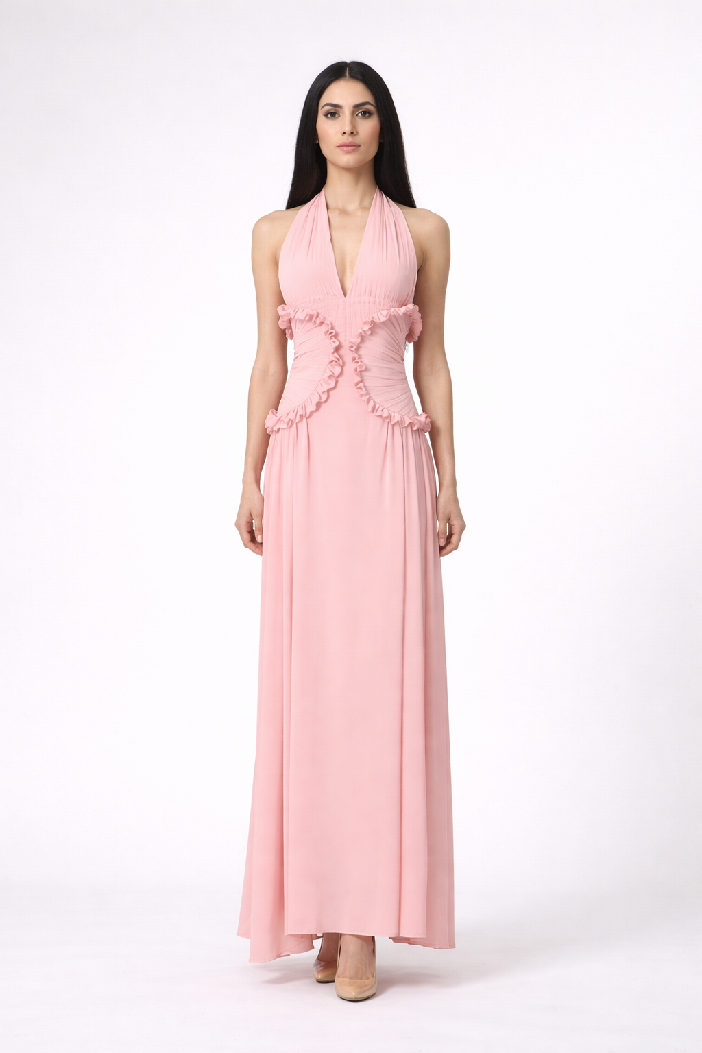 halter neck maxi dress with ruched ruffle waist – SOLARA