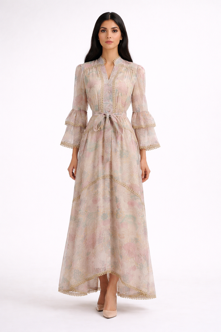 long sleeve vintage floral dress with lace panels and belted waist – AMELIA