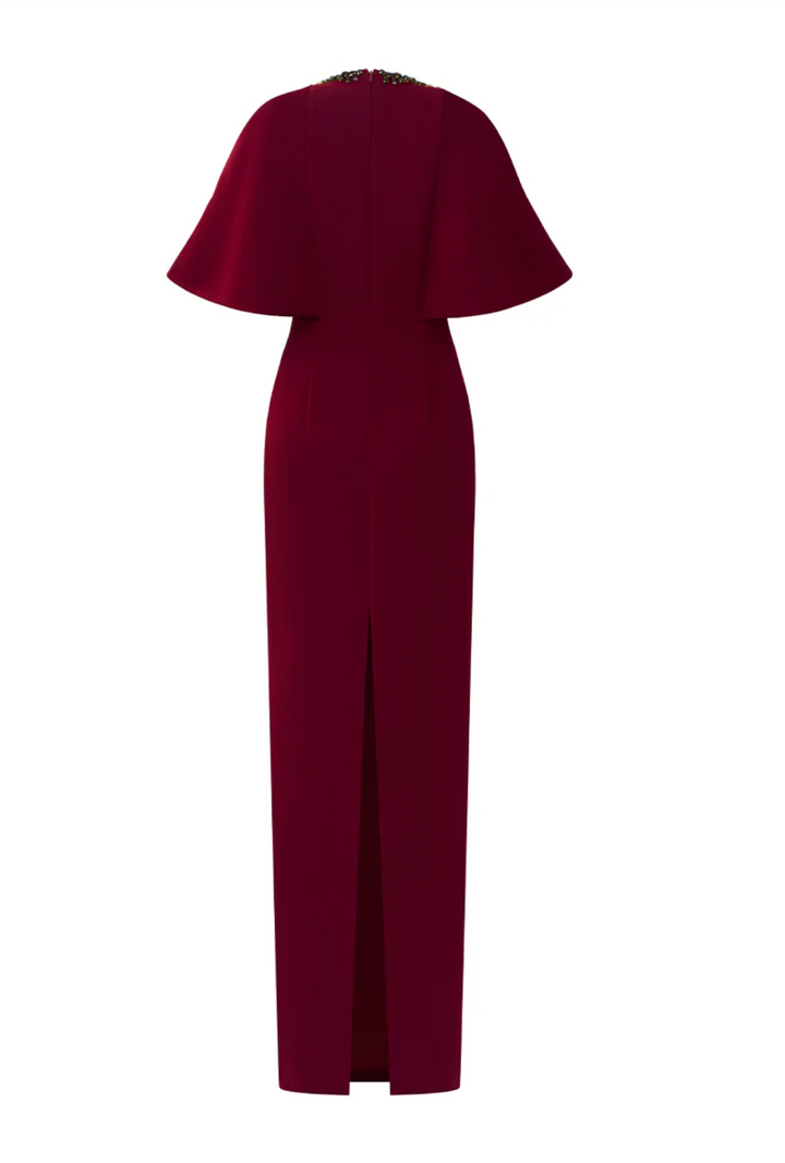 cape sleeve column gown with embellished neckline – RUBY