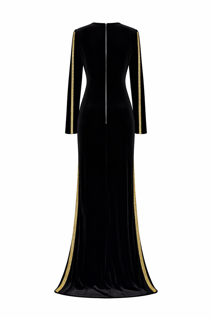 long sleeve velvet maxi dress with embellished trim – NOIRAH