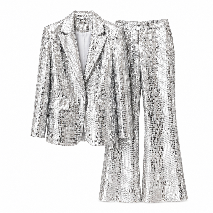 Silver Sequin Tailored Blazer & Flared Pants Set – GLAMÉRA