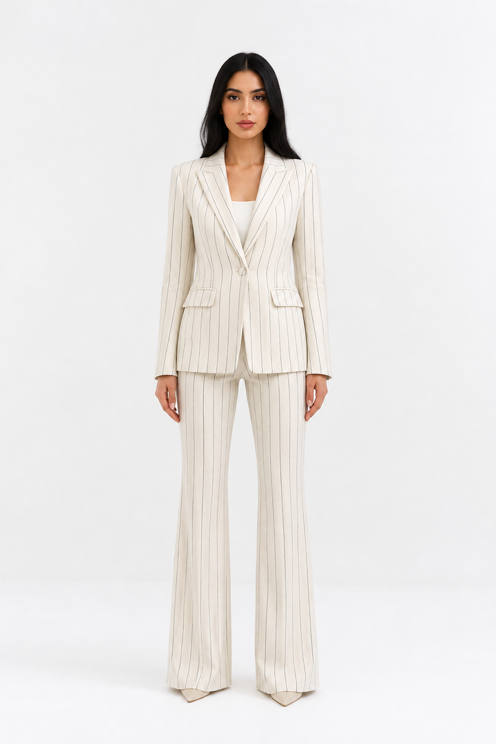 Ivory Pinstripe Tailored Blazer & Flared Pants Set – ÉLARA