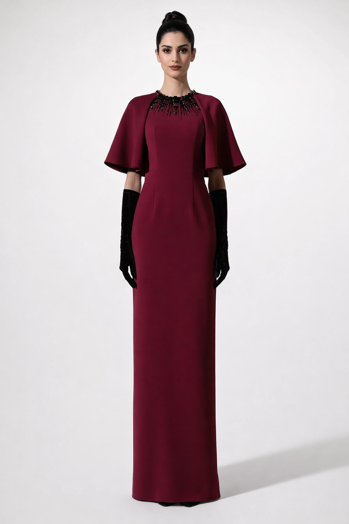 cape sleeve column gown with embellished neckline – RUBY