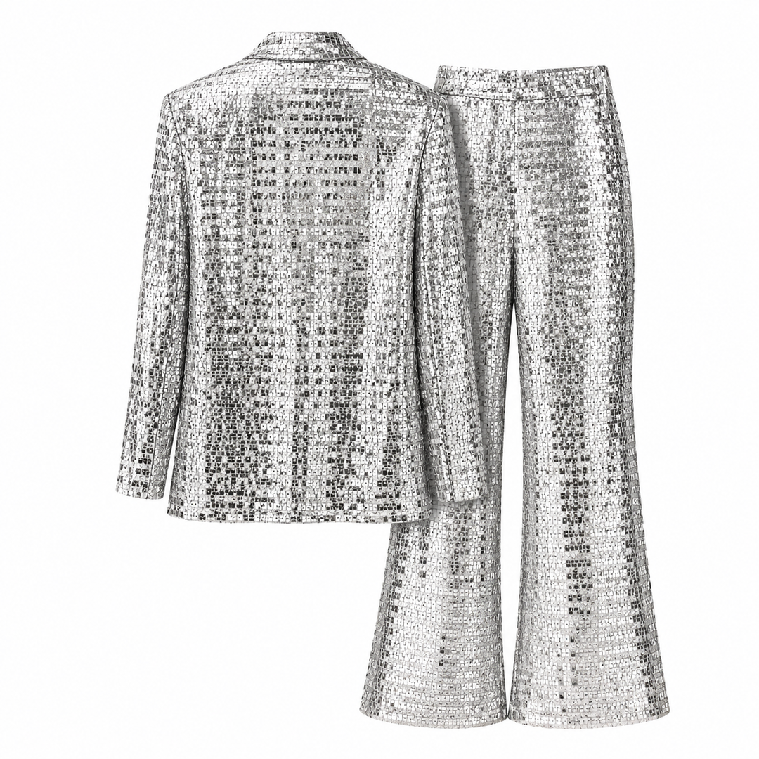 Silver Sequin Tailored Blazer & Flared Pants Set – GLAMÉRA