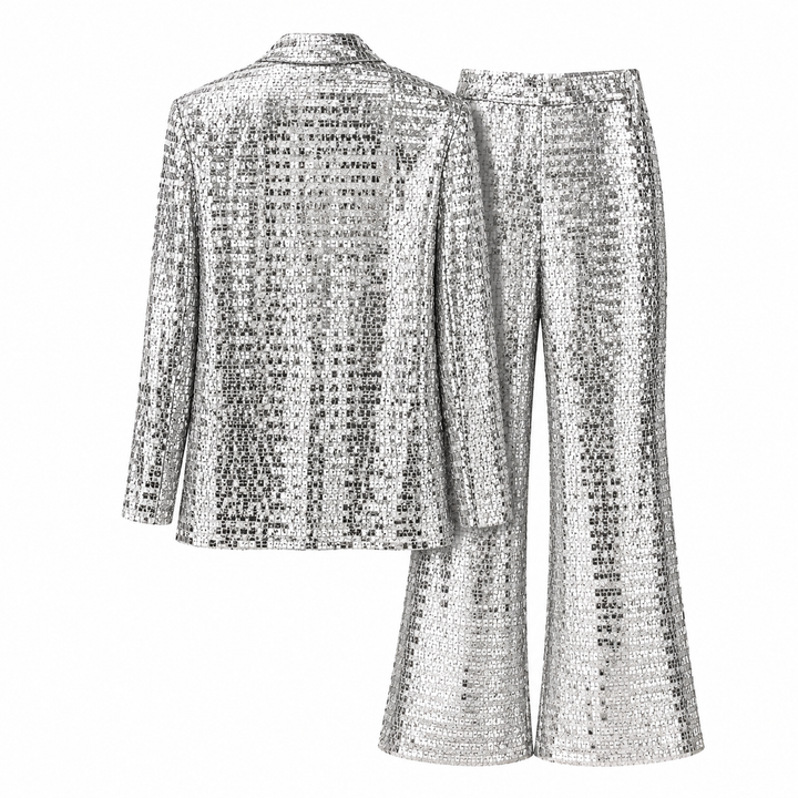 Silver Sequin Tailored Blazer & Flared Pants Set – GLAMÉRA