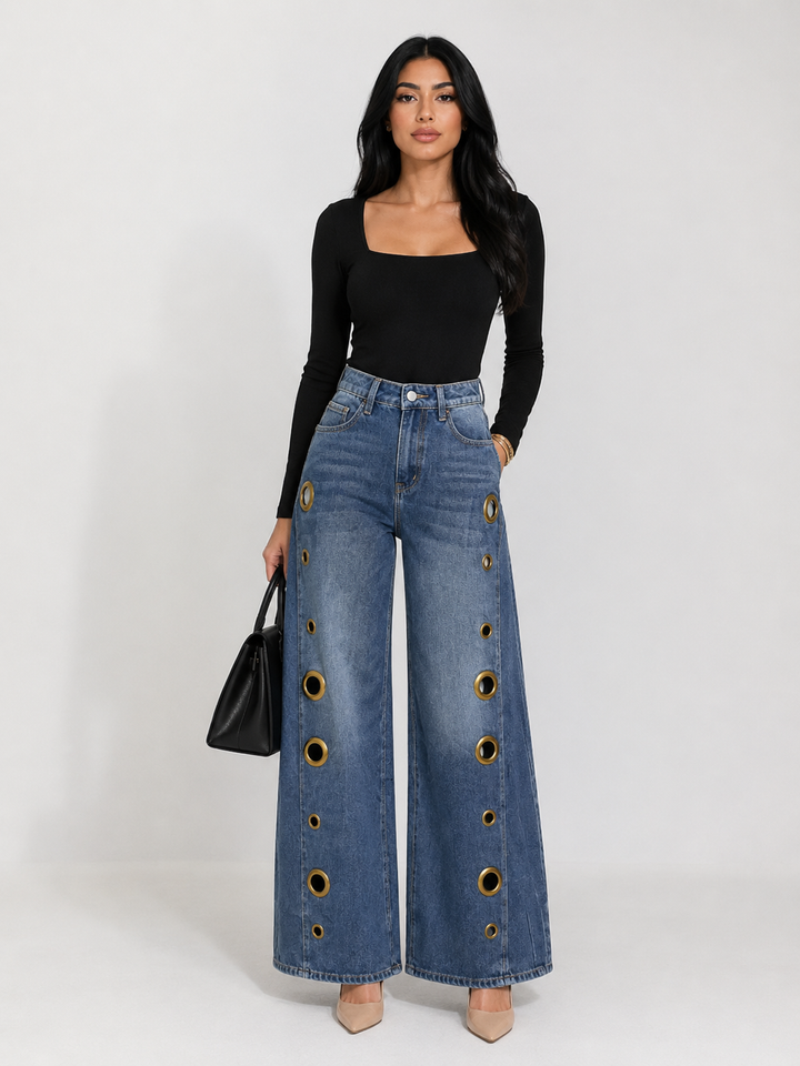 Wide Leg Eyelet Denim Jeans - Chicx