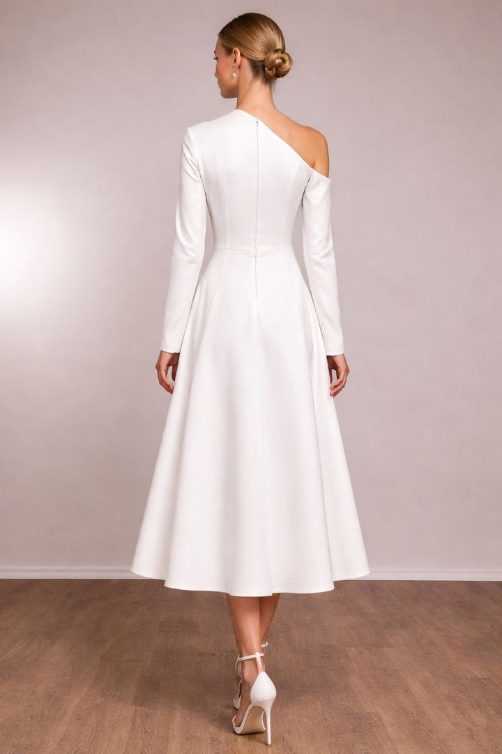 one-shoulder long-sleeve midi dress with flared skirt – IVORIA