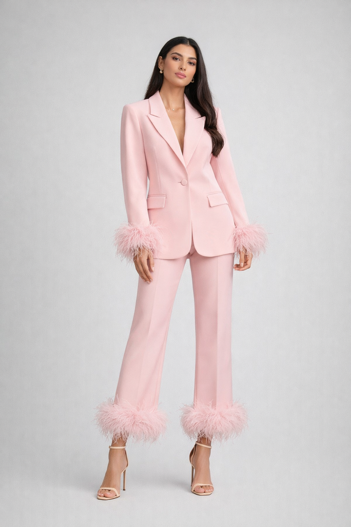 tailored blazer and straight pants set with feather trim – BLUSH