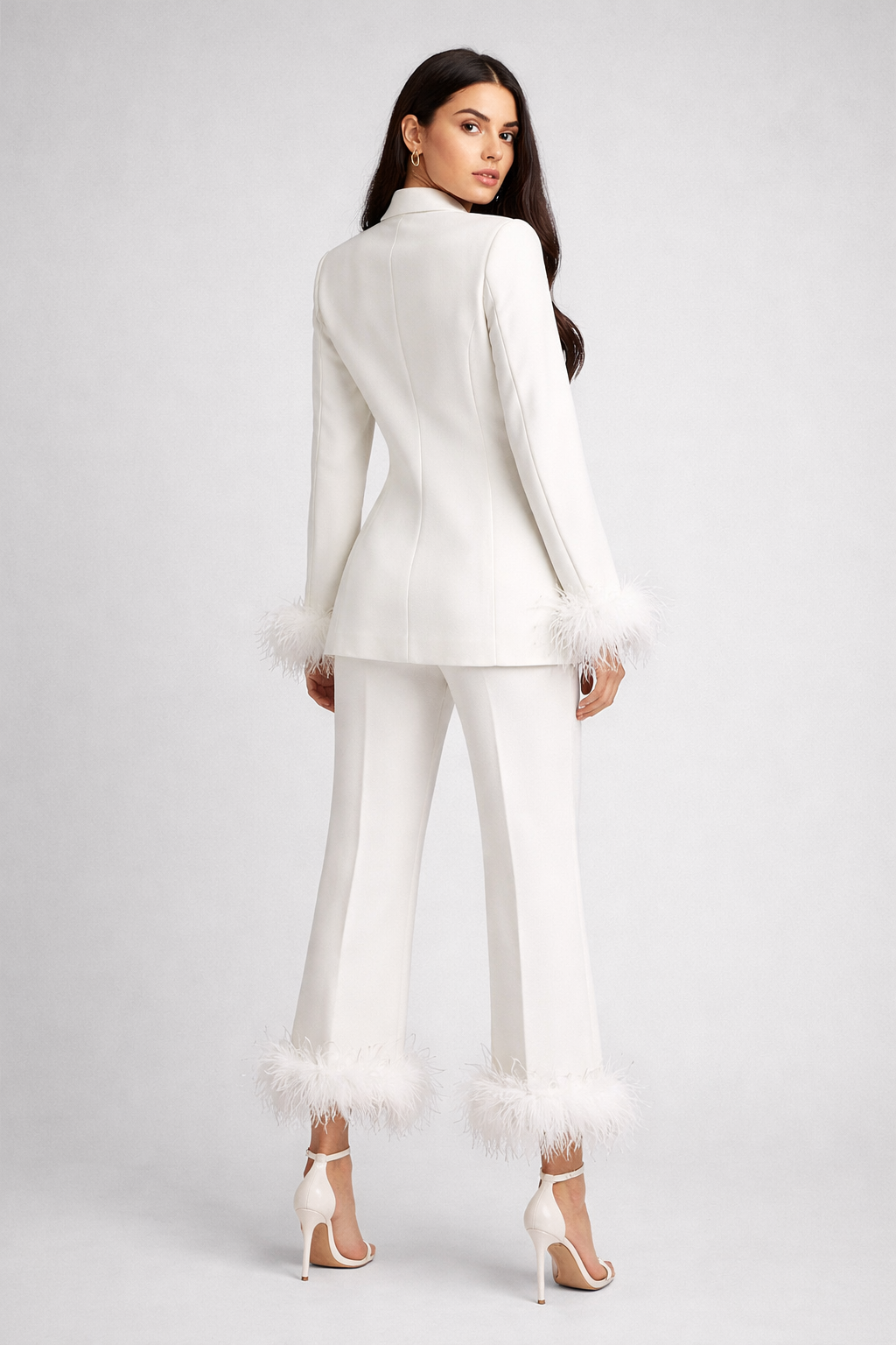 tailored blazer and straight pants set with feather trim – BLUSH