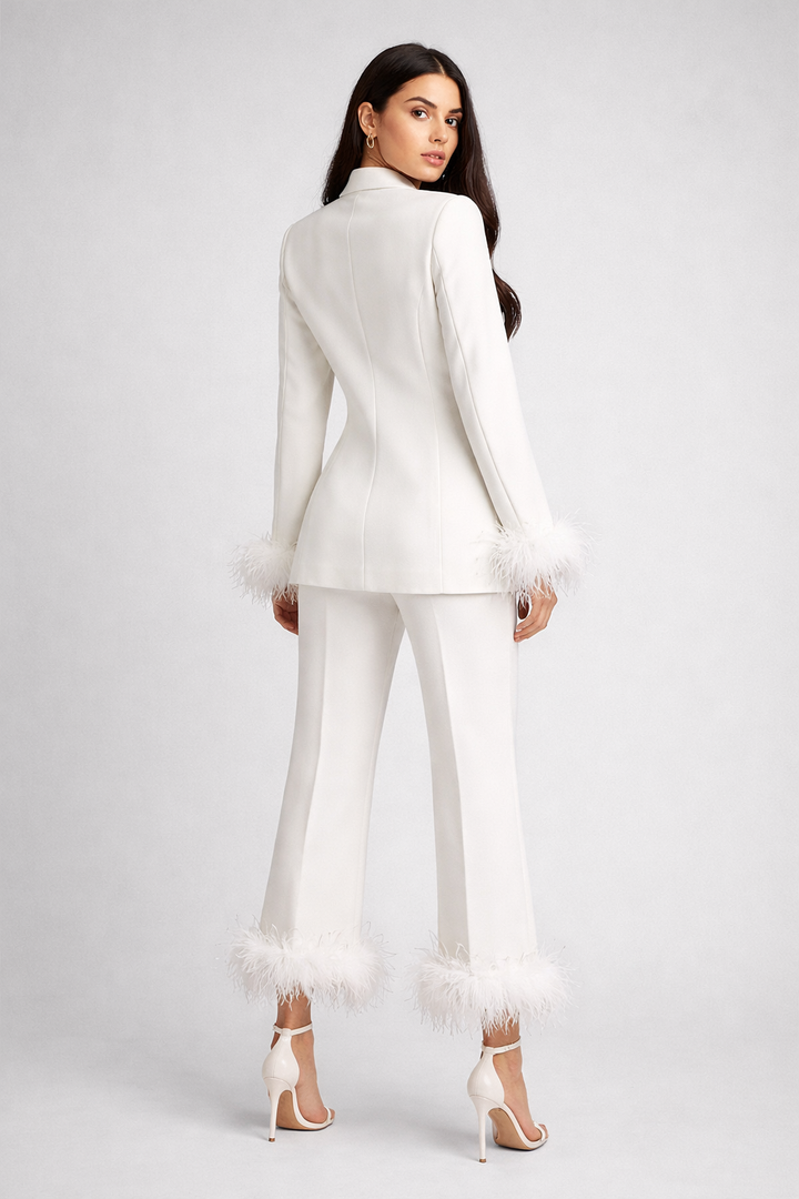 tailored blazer and straight pants set with feather trim – BLUSH