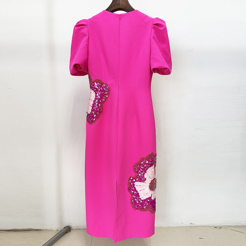 puff sleeve midi dress with floral sequin applique – FUCHSIA
