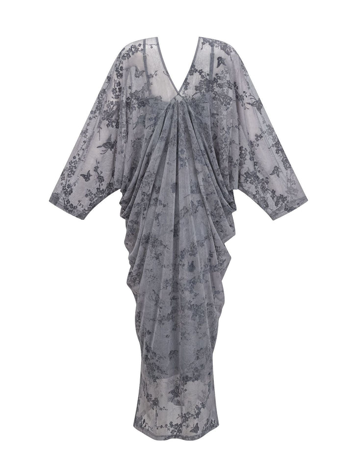 draped batwing sleeve midi dress with floral mesh overlay – MIST