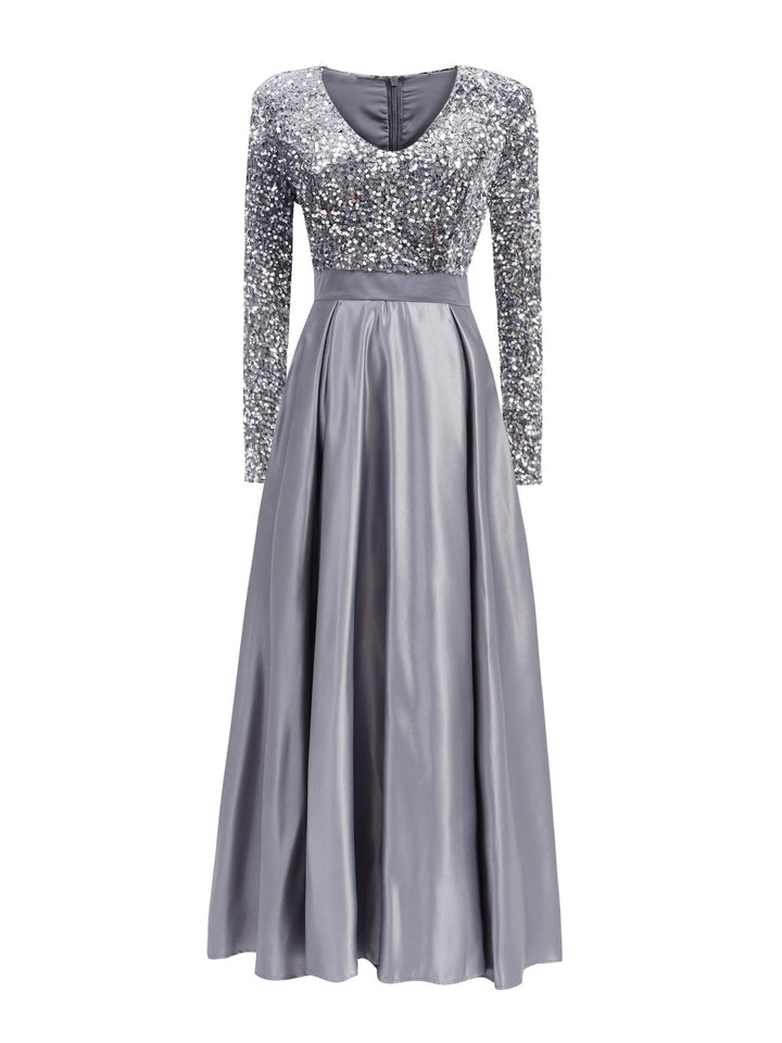 long-sleeve sequin bodice satin maxi dress – SILVÉRA