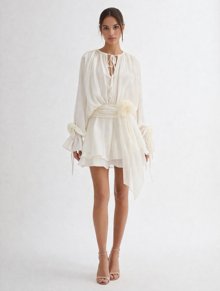 long sleeve chiffon mini dress with waist tie detail – BLUSH