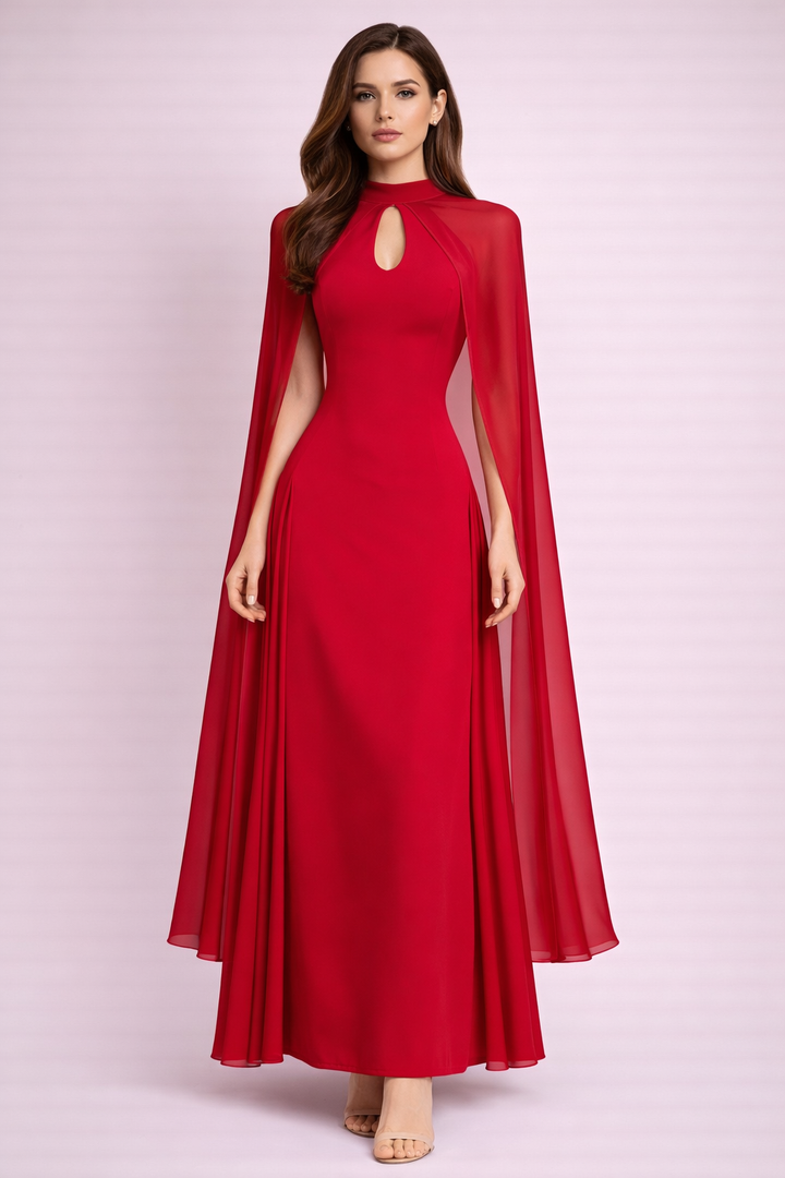 sleeveless midi dress with sheer cape overlay – SCARLET