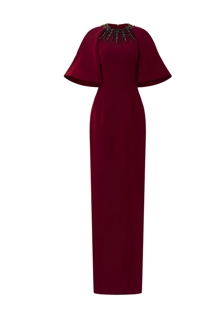 cape sleeve column gown with embellished neckline – RUBY