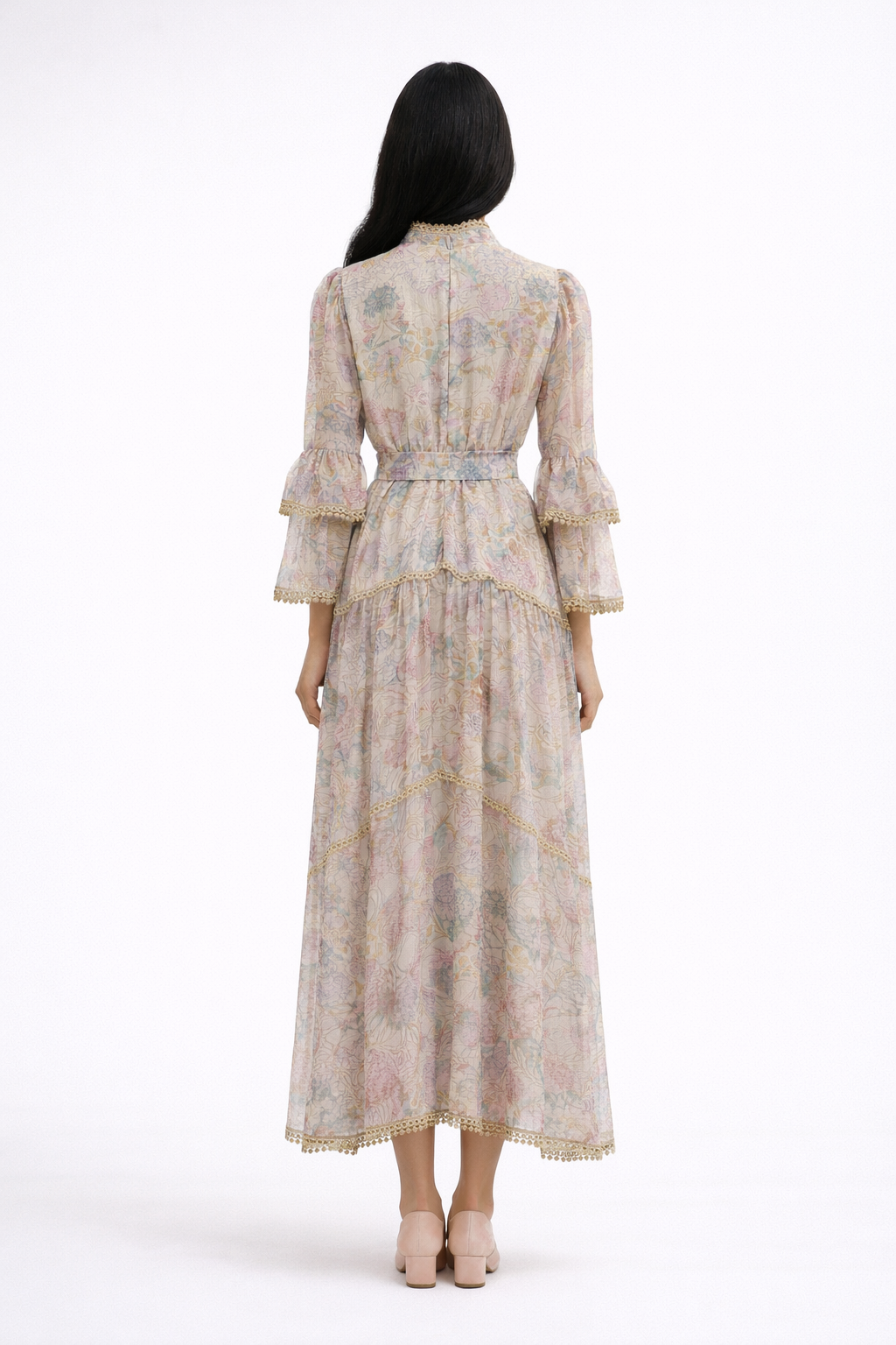 long sleeve vintage floral dress with lace panels and belted waist – AMELIA