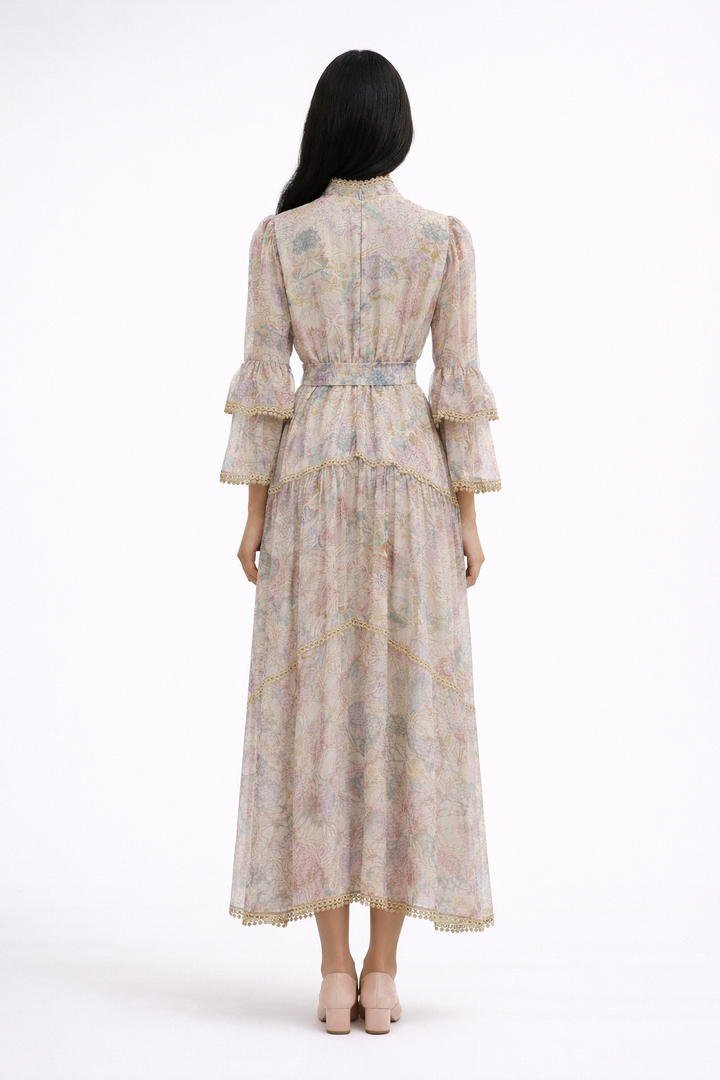 long sleeve vintage floral dress with lace panels and belted waist – AMELIA