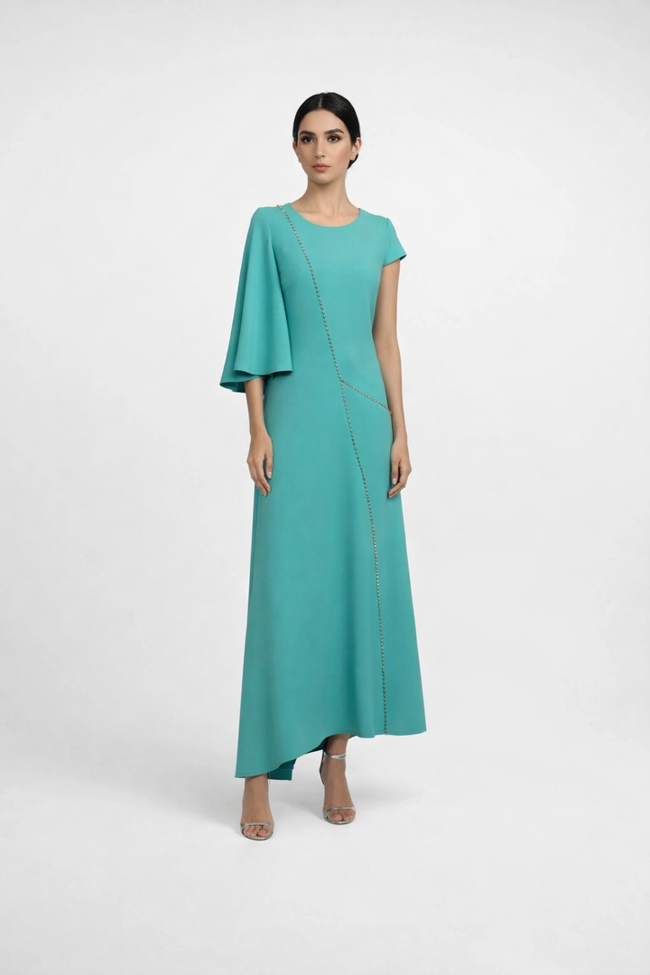asymmetrical midi dress with cape sleeve and chain detail – EMERALD