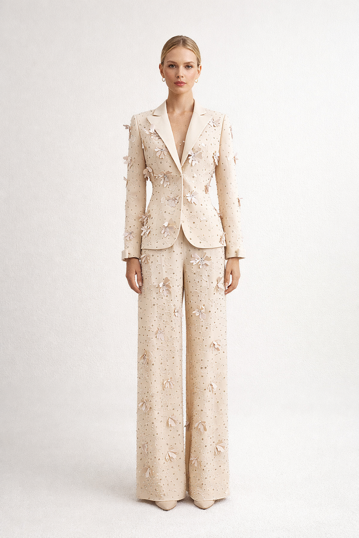tailored blazer and wide-leg pants set with floral embellishments – BEIGE
