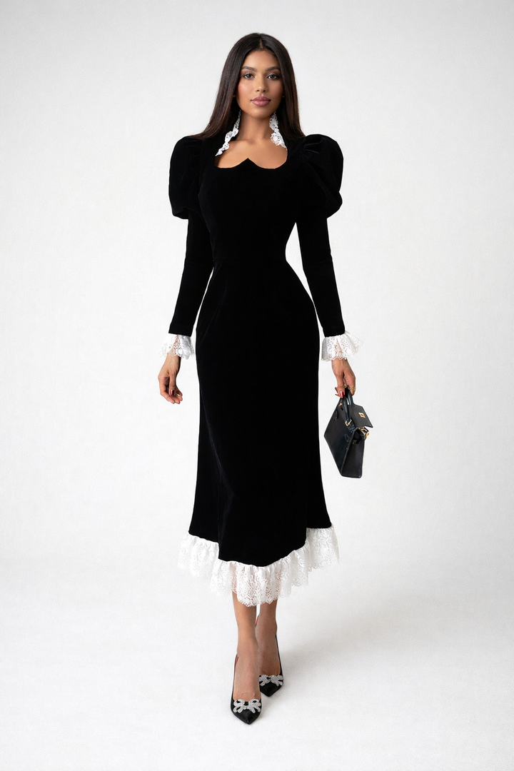 long sleeve midi dress with lace trim collar and cuffs – LACE