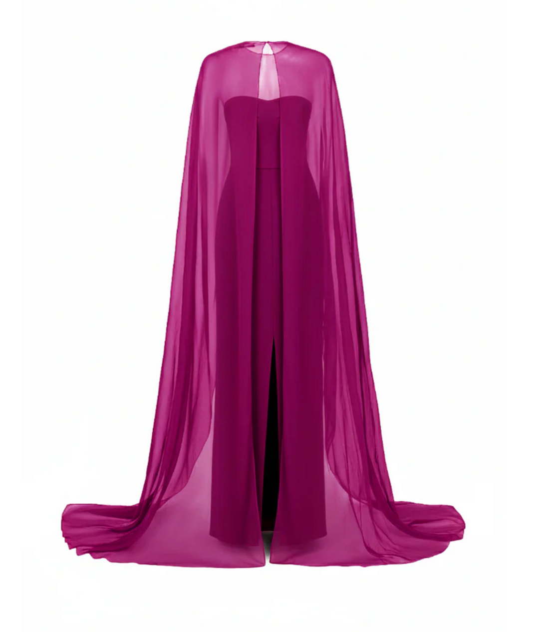 strapless column gown with sheer cape overlay – FUCHSIA
