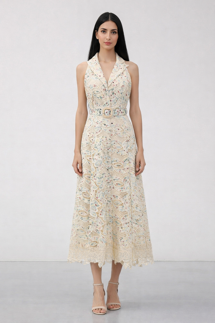 sleeveless lace midi dress with belt detail – ELARA
