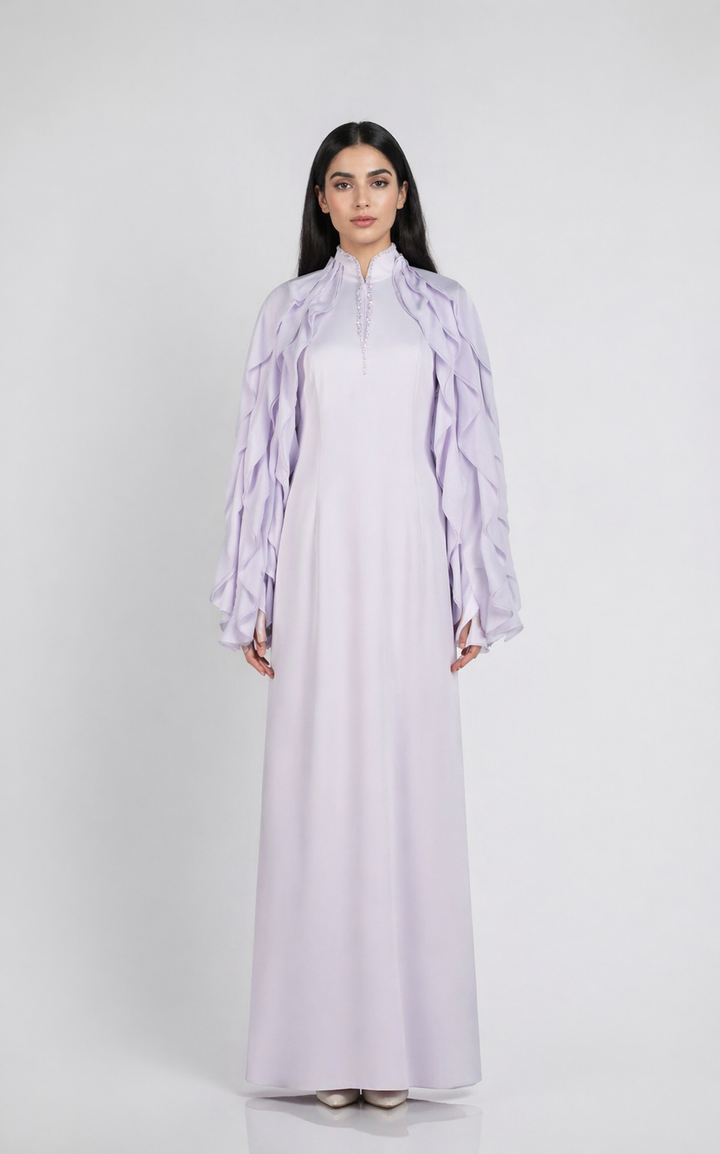 ruffle sleeve chiffon maxi dress with embellished neckline – WHISPER
