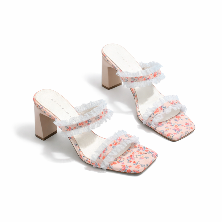 floral printed heeled sandal with ruffle trim – BLOSSOM