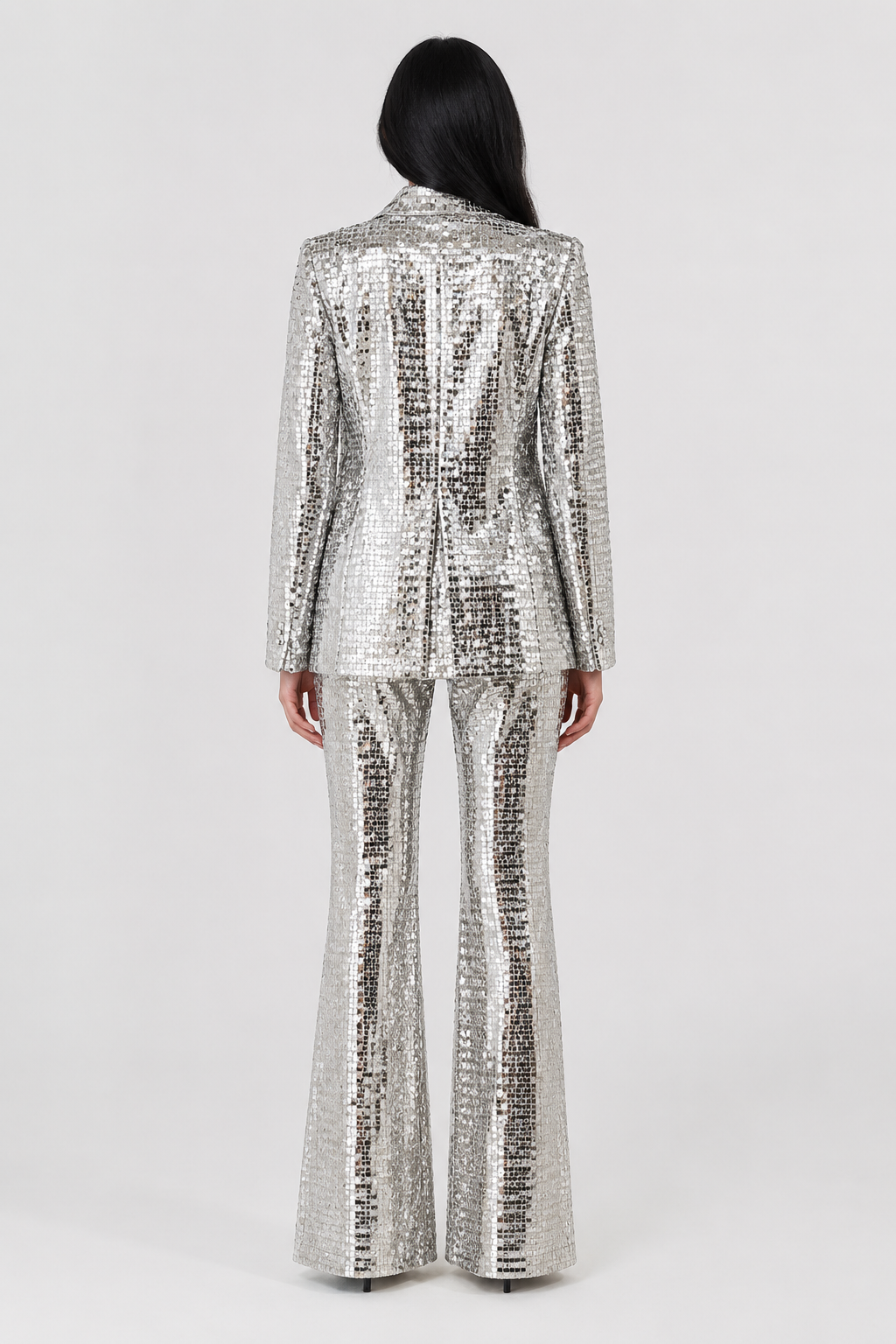 Silver Sequin Tailored Blazer & Flared Pants Set – GLAMÉRA