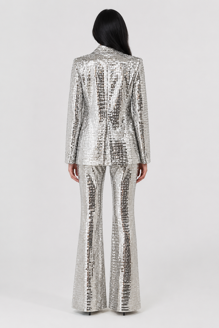 Silver Sequin Tailored Blazer & Flared Pants Set – GLAMÉRA