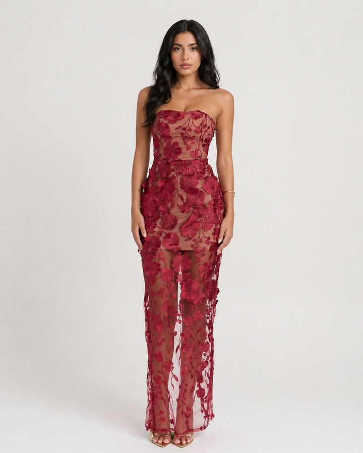 Sheer Floral Lace Strapless Maxi Dress - FIORELLA