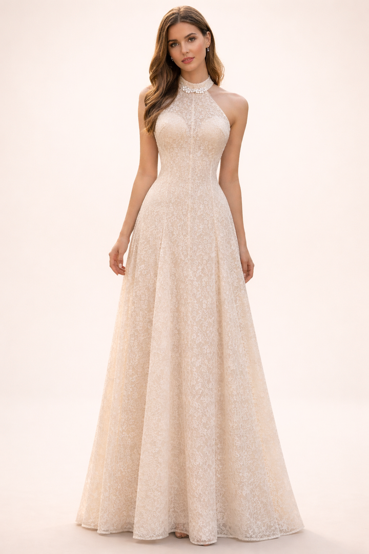 lace halter neck maxi dress with floral trim – LACE
