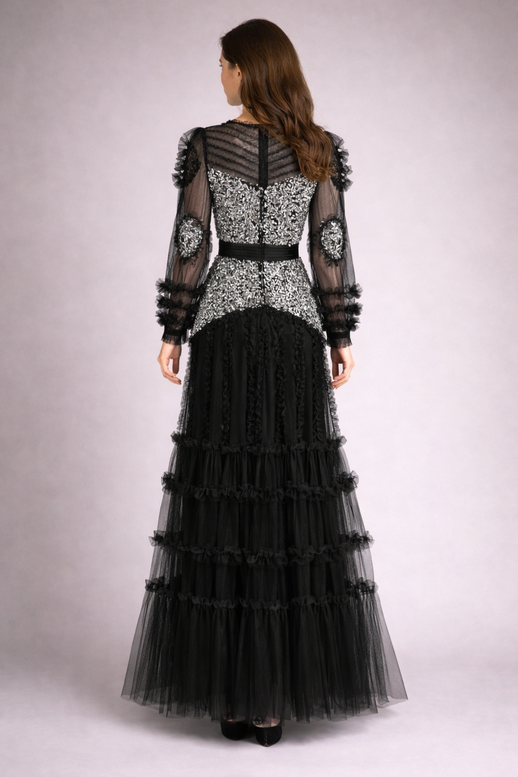 long-sleeve sequin bodice dress with layered tulle skirt – LUXE
