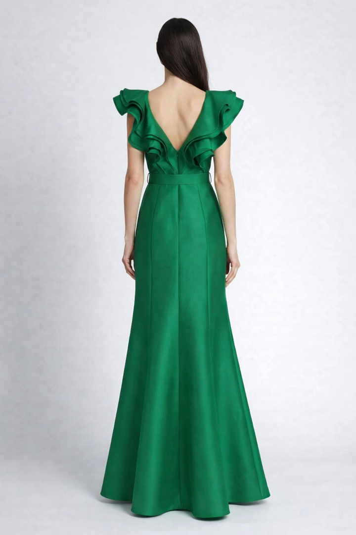 ruffled v-neck mermaid dress with belt – EMERALD
